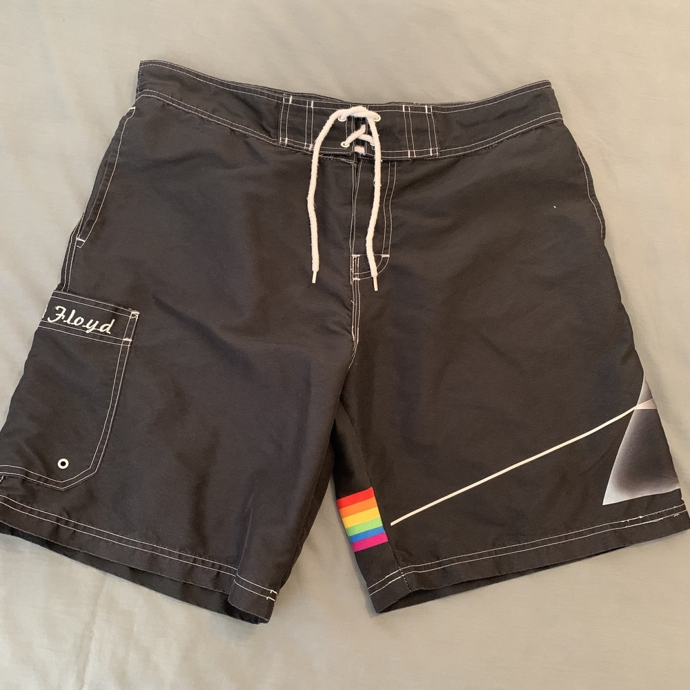 Pink Floyd Shorts Mens 38 Black Dark‎ Side Of The Moon Swim Board Shorts Rainbow